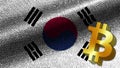 South Korea Realistic Fabric Texture Effect Wavy Flag, Bitcoin Icon Illustration Royalty Free Stock Photo