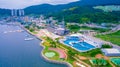 Aerial of Geoje Shipbuilding Marine Cultural Center located in Geoje city of South Korea.