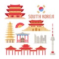 South Korea showplace flat vector illustration. Korean buildings and traditional attributes, Eastern culture items set