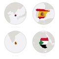South Korea, Spain, Sri Lanka, Sudan map contour and national flag in a circle