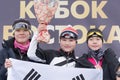 South Korea team of sportswoman biathletes during award ceremony Junior biathlon competitions East of Cup