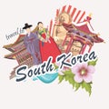 South Korea travel poster with flower, pagodas, tradition clothes and signs. Korea Journey card with korean objects