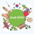 South Korea travel poster with green earth, pagodas, statues. Korea Journey banner with korean objects