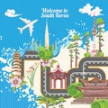 South Korea travel poster with korean map part. Korea Journey banner with korean objects