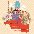 South Korea travel poster with pagodas, tradition clothes and signs. Korea Journey banner with korean objects