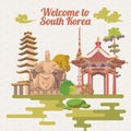 South Korea travel poster in retro style. Korea Journey banner with korean objects