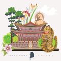 South Korea travel poster with tiger, pagodas, tradition clothes and signs. Korea Journey card with korean objects
