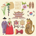 South Korea travel set. Korea Journey banner with korean objects