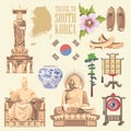 South Korea travel set. Korea Journey banner with korean objects