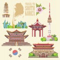 South Korea travel set with pagodas and modern buildings. Korea Journey banner with korean objects