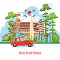 South Korea travel vector banner with pagodas, red car and traditional signs. Korea Journey card with korean objects