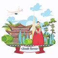 South Korea travel vector card with pagodas and traditional signs. Korea Journey card with korean objects
