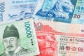 South Korea Won KRW and Hong Kong Dollar HKD banknotes.