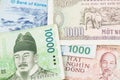 South Korea Won and Vietnamese Dong banknotes. Asia Money Currency