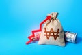 South korean won money bag and red up arrow. Economic growth. Increase in the deposit rate. Rise in profits, budget fees. Increase Royalty Free Stock Photo