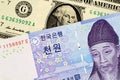 South Korean 1000 Won Note With American One Dollar Bill