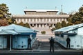 Soldiers guarding the South and North Korea Border in the Joint Security Area in the Demilitarized Area