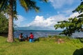 Picnickers and Tahiti Iti from near Source Vaima, Tahiti, French Polynesia