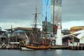 HMB Endeavour Replica alongside the National Maritime Museum