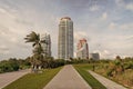 South Pointe Park walkways Miami Beach in Florida, USA. Walkways with skyscrapers in sky background Royalty Free Stock Photo