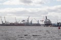 View of the Port of Tyne showing DFDS Ferry and cranes on the River Tyne