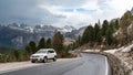 South tyrol, Italy - May 03 2018: Travel by car on a mountain serpentine. Spring landscape.