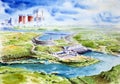 South ukrainian energy complex consisting of pumped storage and nuclear power plants. Hand drawn watercolors on paper textures