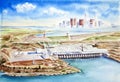 South ukrainian energy complex consisting of pumped storage and nuclear power plants. Hand drawn watercolors on paper textures