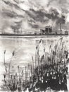 South ukrainian nuclear power plant in the morning time with clouds over pond. Reeds in the foreground. Hand drawn china ink on