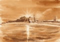 South ukrainian nuclear power plant in the morning time, sunrise over pond. Hand drawn coffee on paper textures