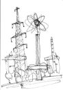 South ukrainian nuclear power plant sketch. Hand drawn marker on the white paper background