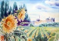 South ukrainian nuclear power plant in the summer day time, field and sunflowers closeup on foreground. Hand drawn watercolors on