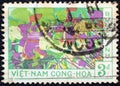 SOUTH VIETNAM - CIRCA 1959: A stamp printed in South Vietnam shows Trung Sisters national heroines on elephants, circa 1959. Royalty Free Stock Photo