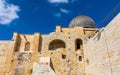 South wall of Temple Mount and Al-Aqsa Mosque overlooking Umayyad Palace Garden archeological park in Jerusalem, Israel