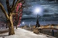 The Southbank in London, UK, with falling snow in winter