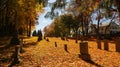 SOUTHBRIDGE, MASSACHUSETS. USA - NOVEMBER 17 2017. Old graveyard in a small town in New England with stone tombs autumn leaves fal Royalty Free Stock Photo