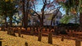 SOUTHBRIDGE, MASSACHUSETS. USA - NOVEMBER 17 2017. Old graveyard in a small town in New England with stone tombs autumn leaves fal Royalty Free Stock Photo