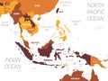 Southeast Asia map - brown orange hue colored on dark background. High detailed political map of southeastern region