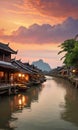 Southeast Asian Ancient Town Beside River At Sunset. Generative AI