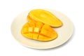 Fresh hedgehog style Mango preparation, cubes and chunks on Dutch white plate, isolated on a white background.