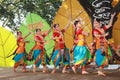 Southeast Asian women dancing on the Basanta Utsav, celebrating the Bengali month of Falgoon Royalty Free Stock Photo