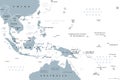 Southeast Asia, Melanesia, and Micronesia, gray political map Royalty Free Stock Photo