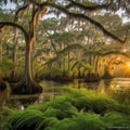 Southern Bayou Swamp with Bald Cypress Trees and Spanish Moss at Stunning Scenic Landscape Royalty Free Stock Photo