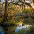 Southern Bayou Swamp with Bald Cypress Trees and Spanish Moss at Stunning Scenic Landscape