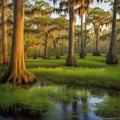 Southern Bayou Swamp with Bald Cypress Trees and Spanish Moss at Stunning Scenic Landscape