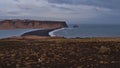 Southern coast of Iceland near VÃÂ­k ÃÂ­ MÃÂ½rdal with famous beach Reynisfjara and Reynisdrangar rock formation in the evening. Royalty Free Stock Photo