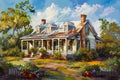 Southern Colonial Style House (Oil Painting) Royalty Free Stock Photo