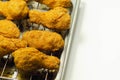 Southern crispy battered fried chicken wings, deep-fried chicken wings on the metal tray
