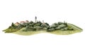 Southern Europe Mediterranean landscape with hills, houses and trees watercolor illustration. Valley horizontal banner