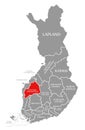 Southern Ostrobothnia red highlighted in map of Finland